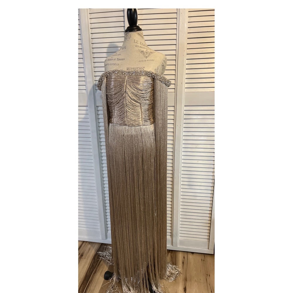 Champagne Gold Metallic Fringe Off Shoulder Beaded Formal Evening Gown SS232 4